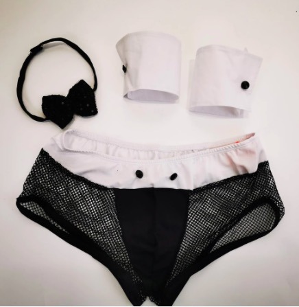Roupa interior da tanga da corda de Lingerie Suit Tuxedo G- do garçom do ′ s Butler dos homens com colar e braceletes do laço