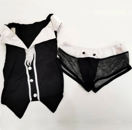 Roupa interior da tanga da corda de Lingerie Suit Tuxedo G- do garçom do ′ s Butler dos homens com colar e braceletes do laço