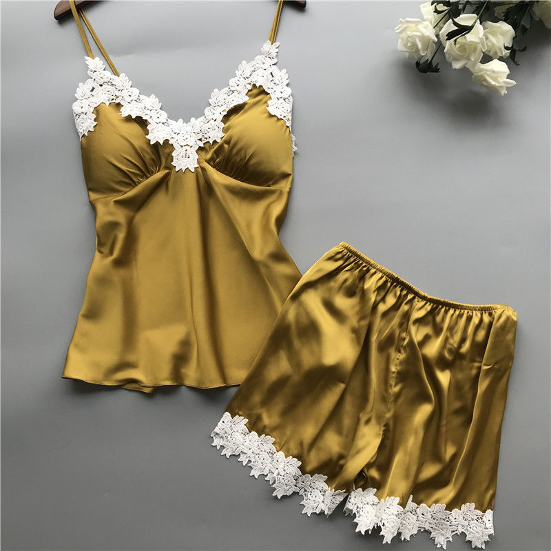 Decote em V de duas partes do grupo da roupa interior do laço do cetim respirável da roupa de noite dos pijamas das mulheres