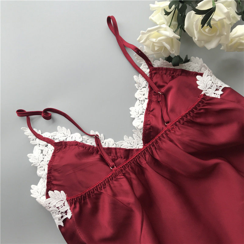 Decote em V de duas partes do grupo da roupa interior do laço do cetim respirável da roupa de noite dos pijamas das mulheres