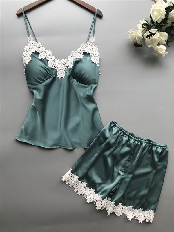 Decote em V de duas partes do grupo da roupa interior do laço do cetim respirável da roupa de noite dos pijamas das mulheres