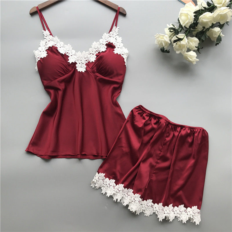 Decote em V de duas partes do grupo da roupa interior do laço do cetim respirável da roupa de noite dos pijamas das mulheres