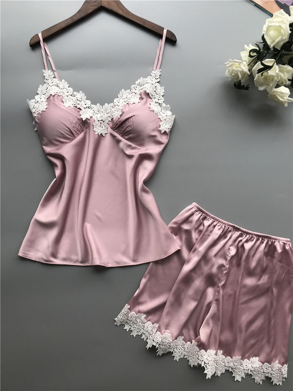 Decote em V de duas partes do grupo da roupa interior do laço do cetim respirável da roupa de noite dos pijamas das mulheres