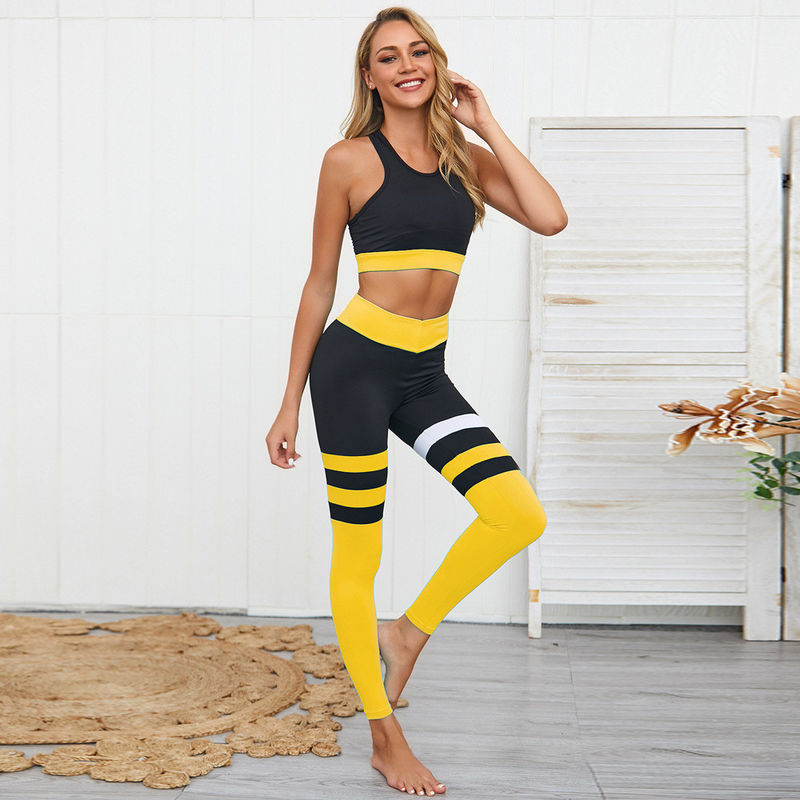 Nylon Spandex Gym Yoga Clothes Quick Dry 2pcs Patchwork Crop Tops
